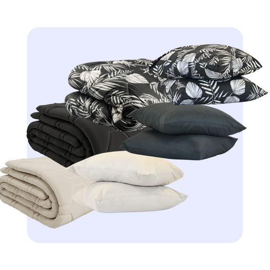 Thehappybed Bestseller Bundle set of three year-round duvets and pillowcases in Black Leaves, Taupe, and Black colors