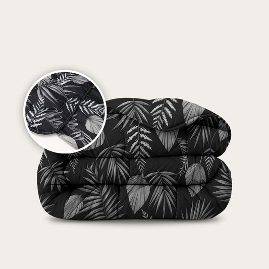 Thehappybed Black Leaves dekbed met zwarte bladeren en instopstrook, geschikt voor het hele jaar