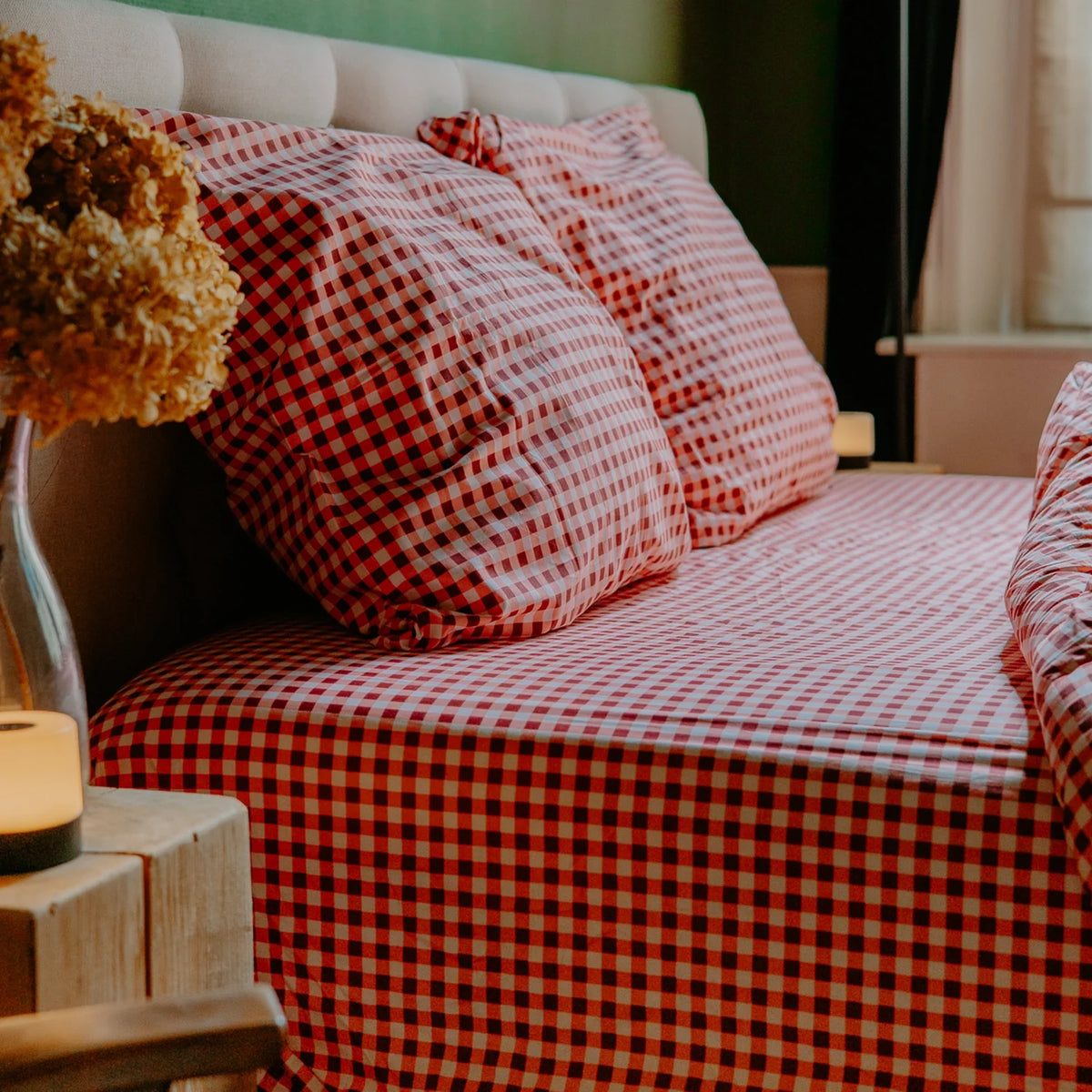 Hoeslaken | Gingham Burgundy | Katoen Satijn