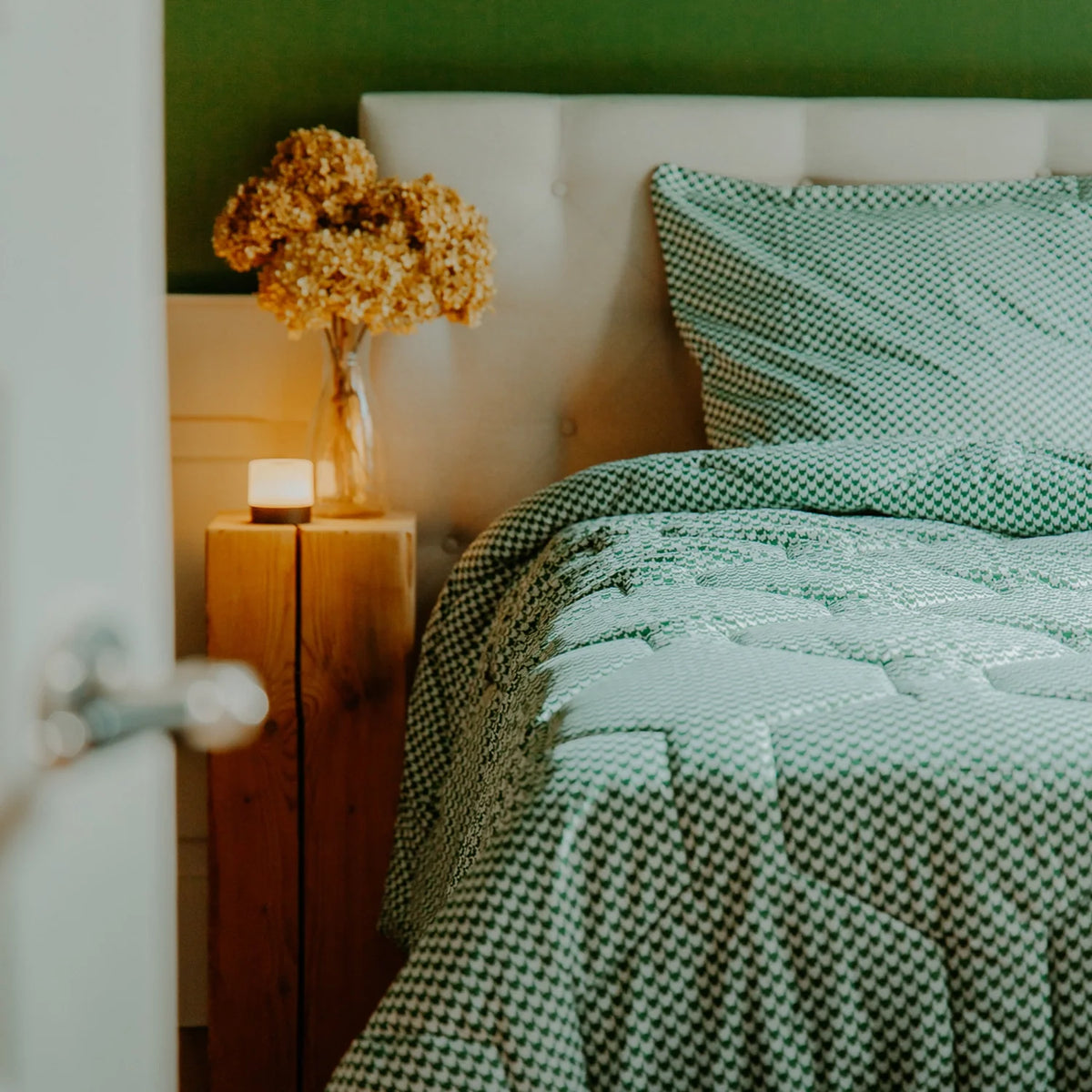 Wasbaar All Season Dekbed | Katoen Satijn | Houndstooth Green