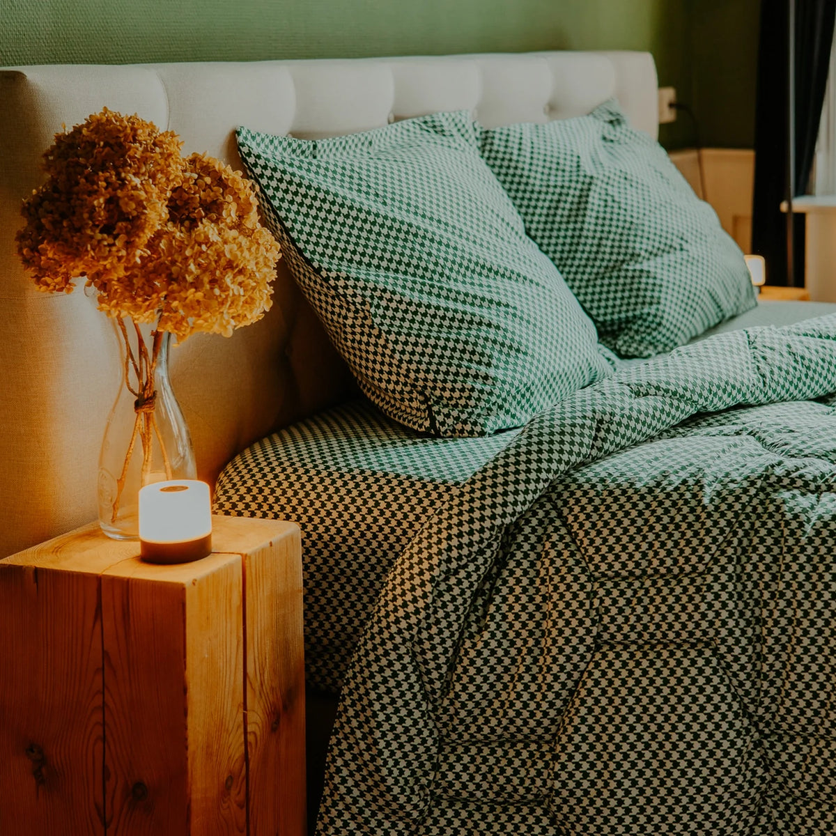Wasbaar All Season Dekbed | Katoen Satijn | Houndstooth Green