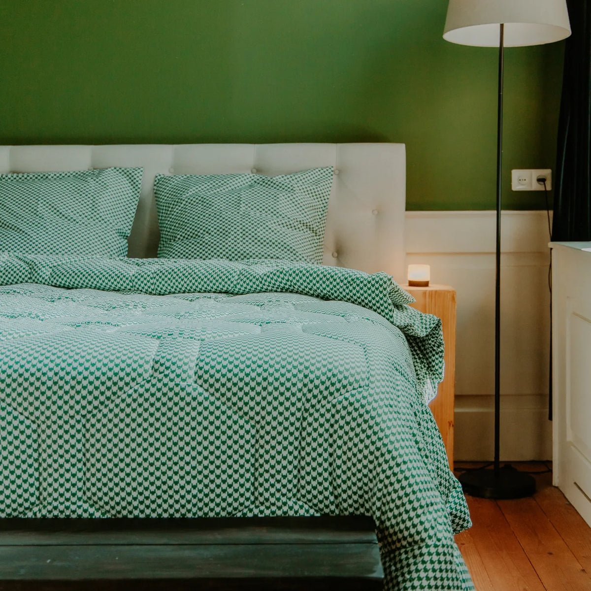 Kussenslopen | Katoen Satijn | Houndstooth Green | Set van 2