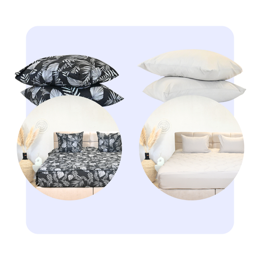 Thehappybed Bestseller Bundle with taupe and black leaves duvet sets including pillowcases and fitted edges for year-round comfort